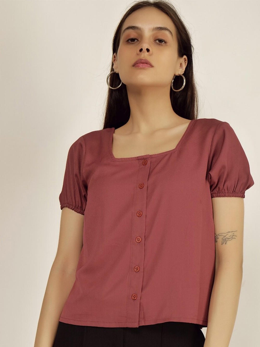 

INVICTUS Puff Sleeves Shirt Style Top, Brown