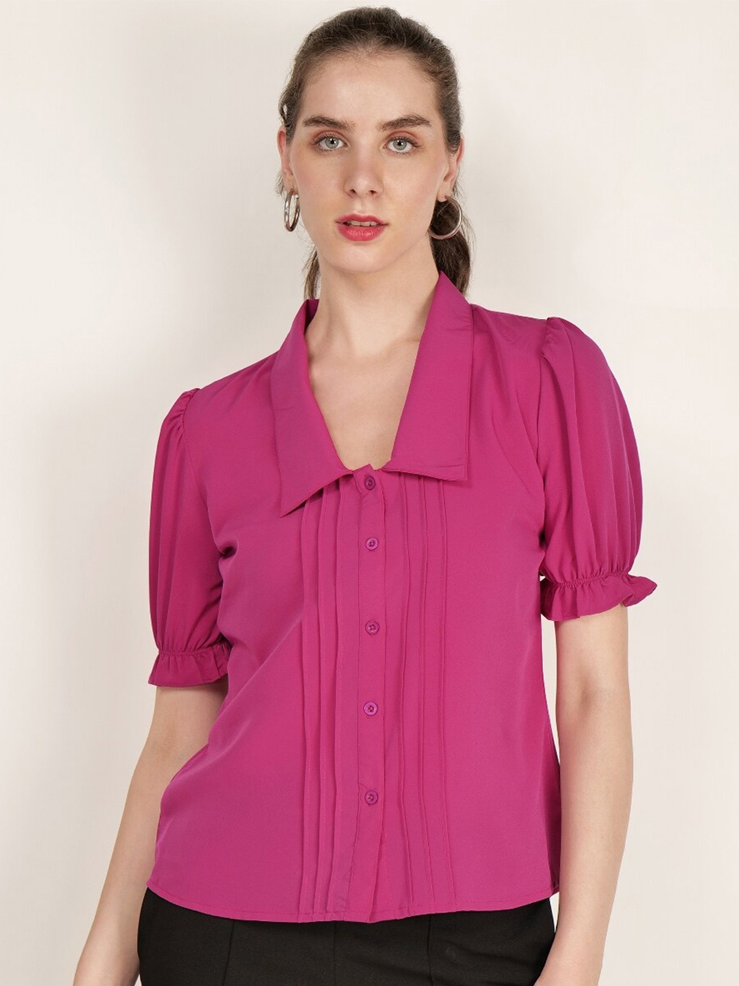 

INVICTUS Puff Sleeves Pin Tucks Detail Shirt Style Top, Fuchsia