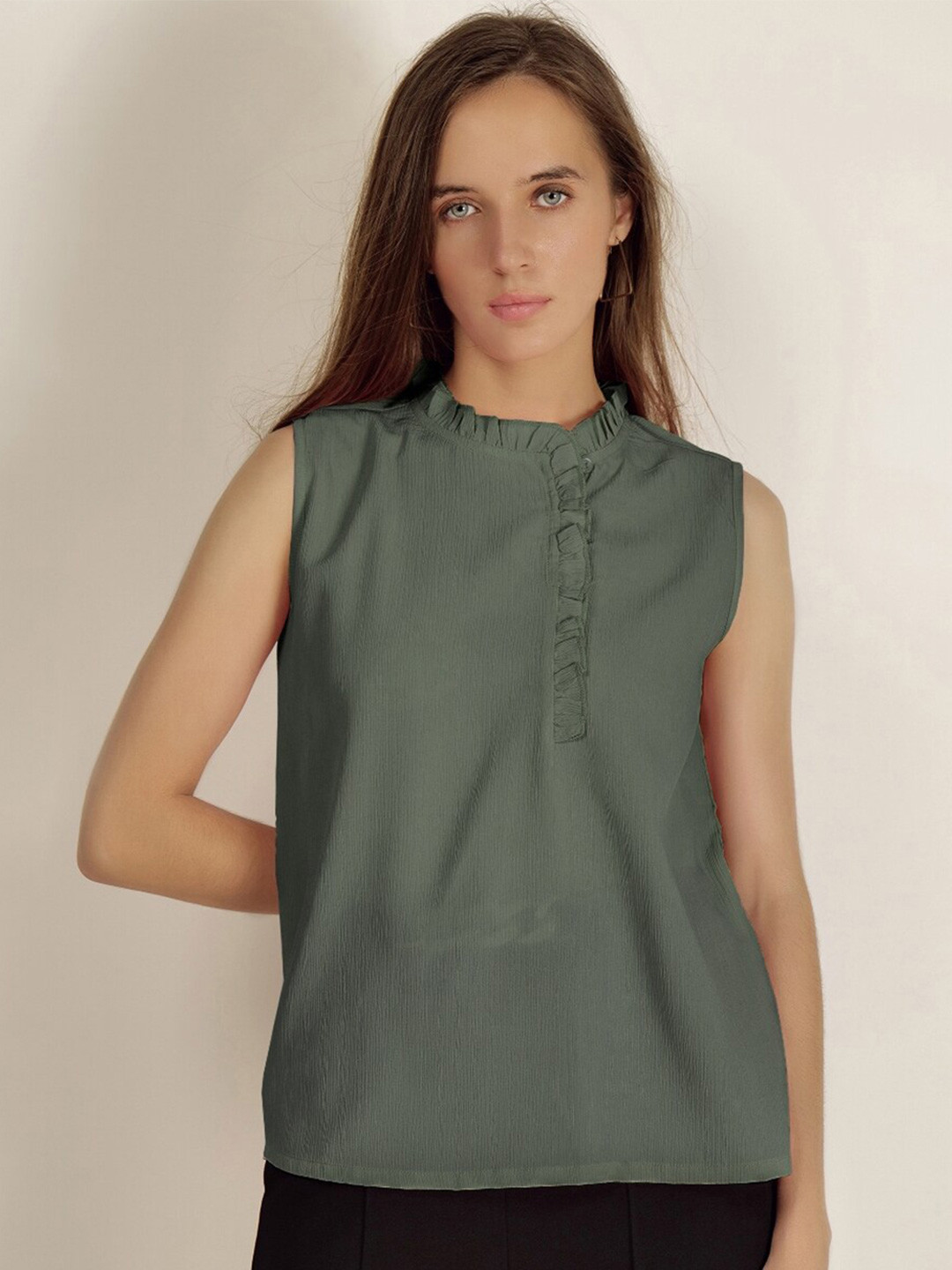 

INVICTUS Olive High Neck Sleeveless Top