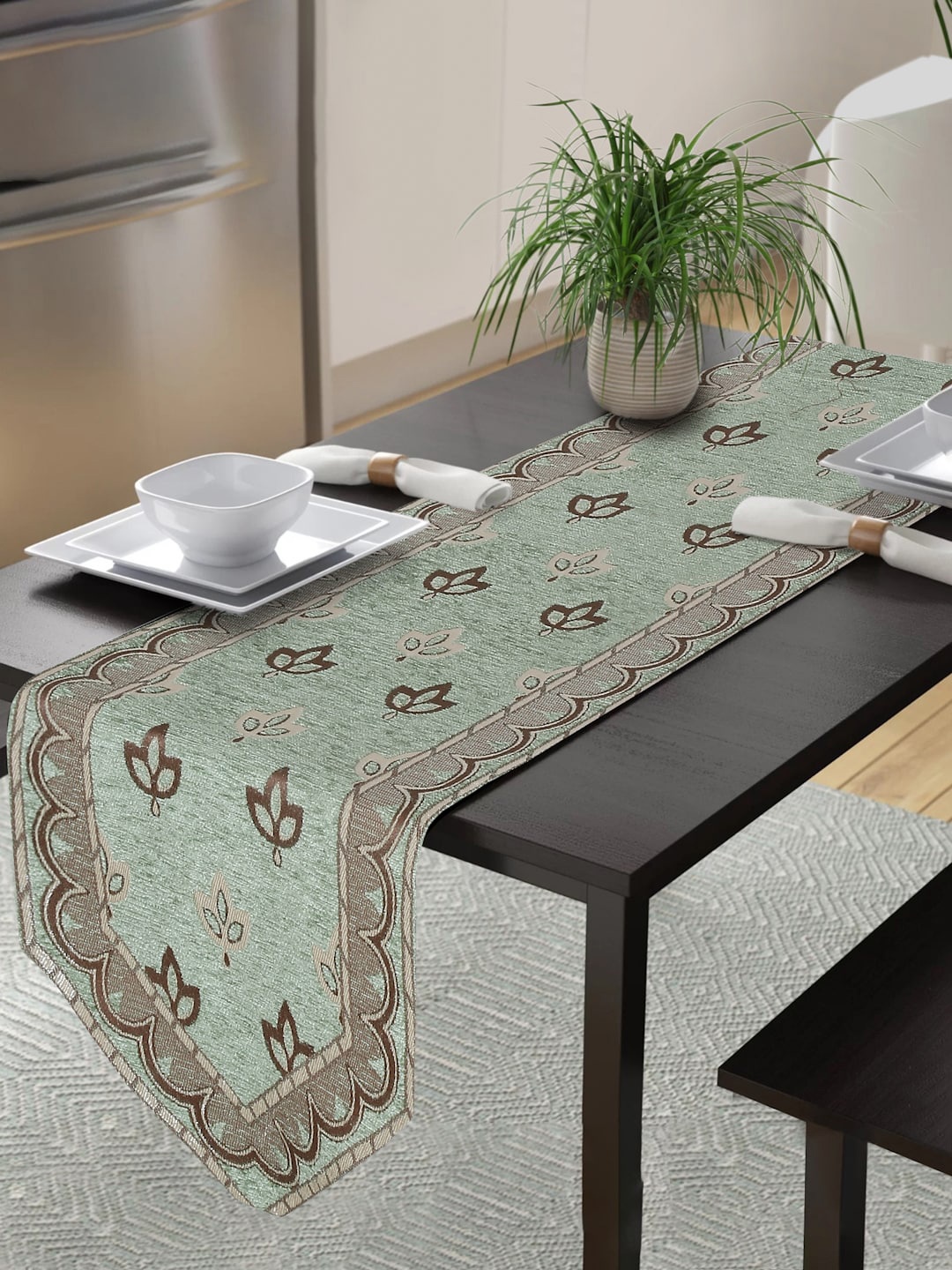 

MULTITEX Green & Brown Floral Printed Hand-Tufted Pure Cotton Runner