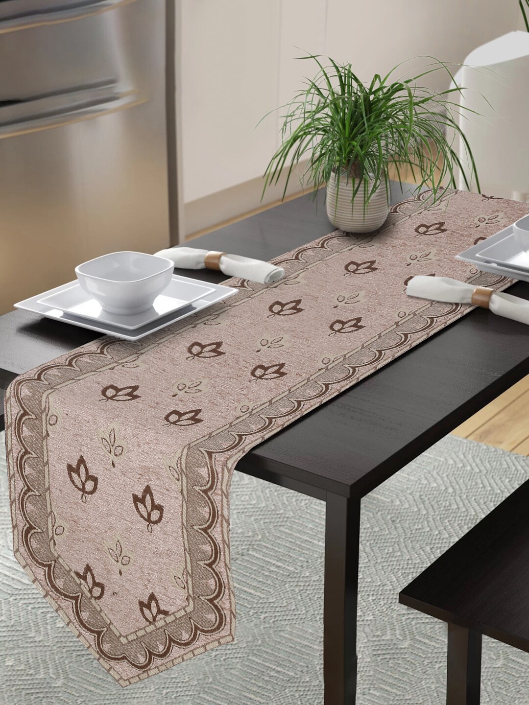 

MULTITEX Peach Coloured & Grey Floral Printed Hand-Tufted Pure Cotton Runner