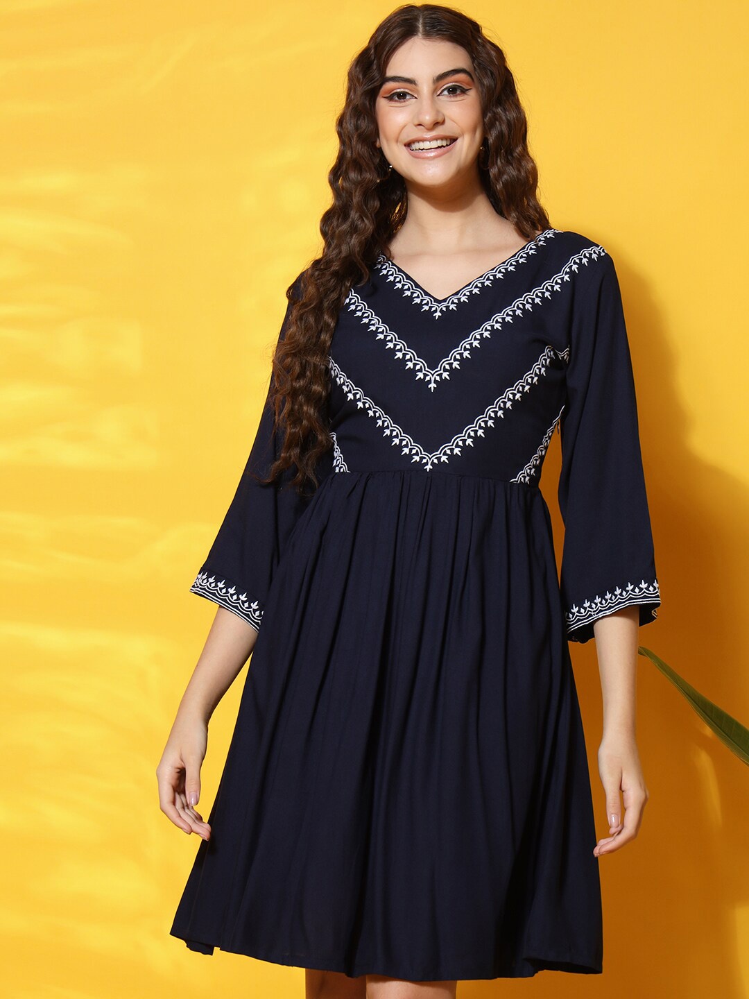 

BLACK SCISSOR Floral Embroidered Ethnic Dresses, Navy blue