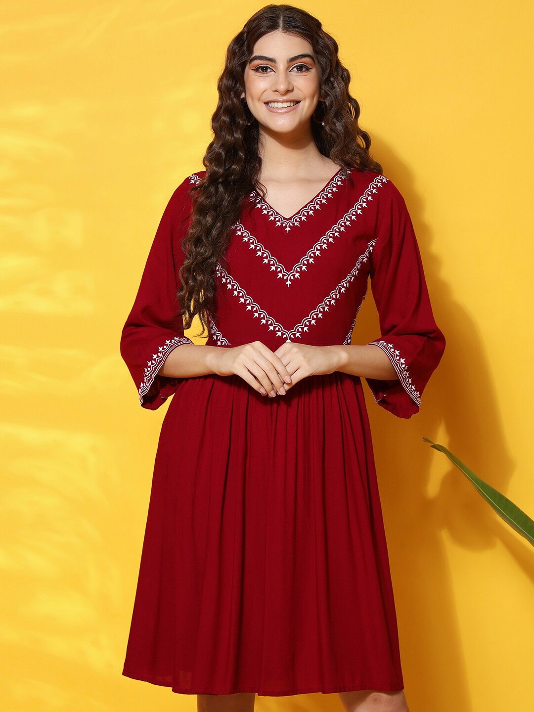 

BLACK SCISSOR Ethnic Motifs Embroidered Gathered Fit And Flare Dress, Maroon