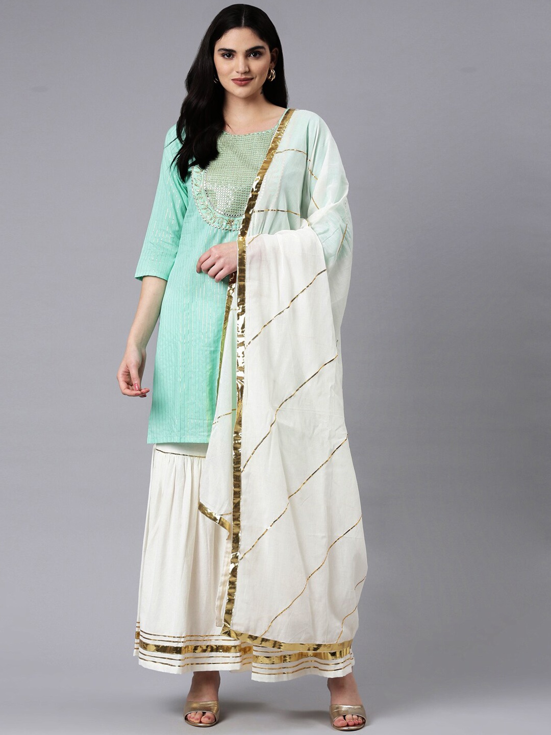 

KALINI Ethnic Motifs Yoke Design Thread Work Pure Cotton Kurta With Sharara & Dupatta, Sea green