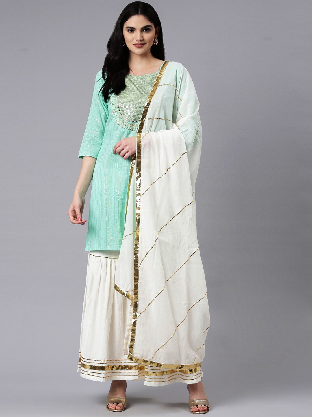 

ERISHA Mirror Work Yoke Design Gotta Patti Pure Cotton Kurta With Sharara & Dupatta, Sea green