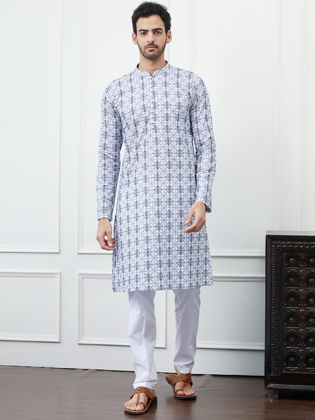 

See Designs Floral Embroidered Thread Work Straight Cotton Kurta, White