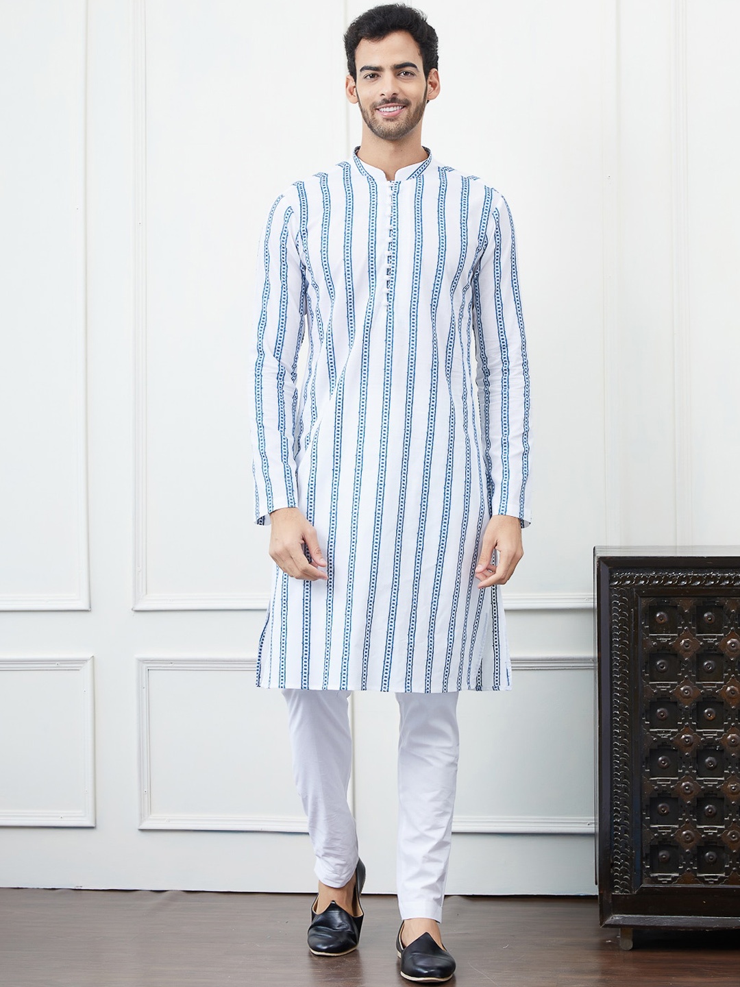 

See Designs Striped Embroidered Thread Work Straight Cotton Kurta, White