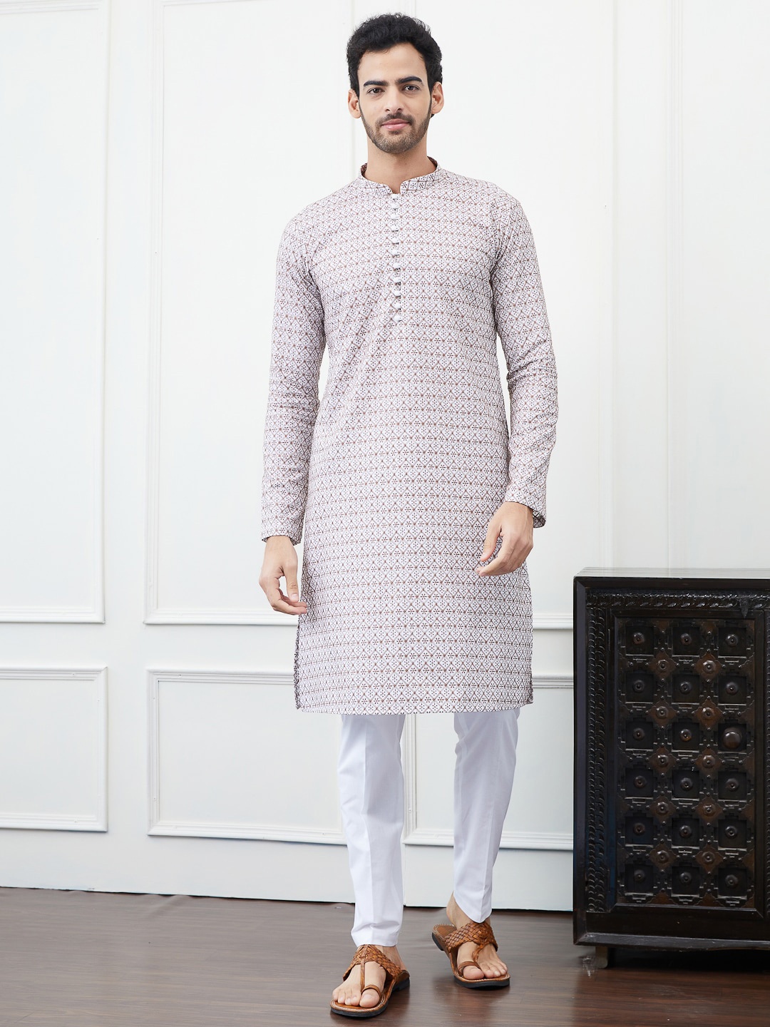 

See Designs Ethnic Motifs Embroidered Chikankari Pure Cotton Straight Kurta with Trouser, Cream