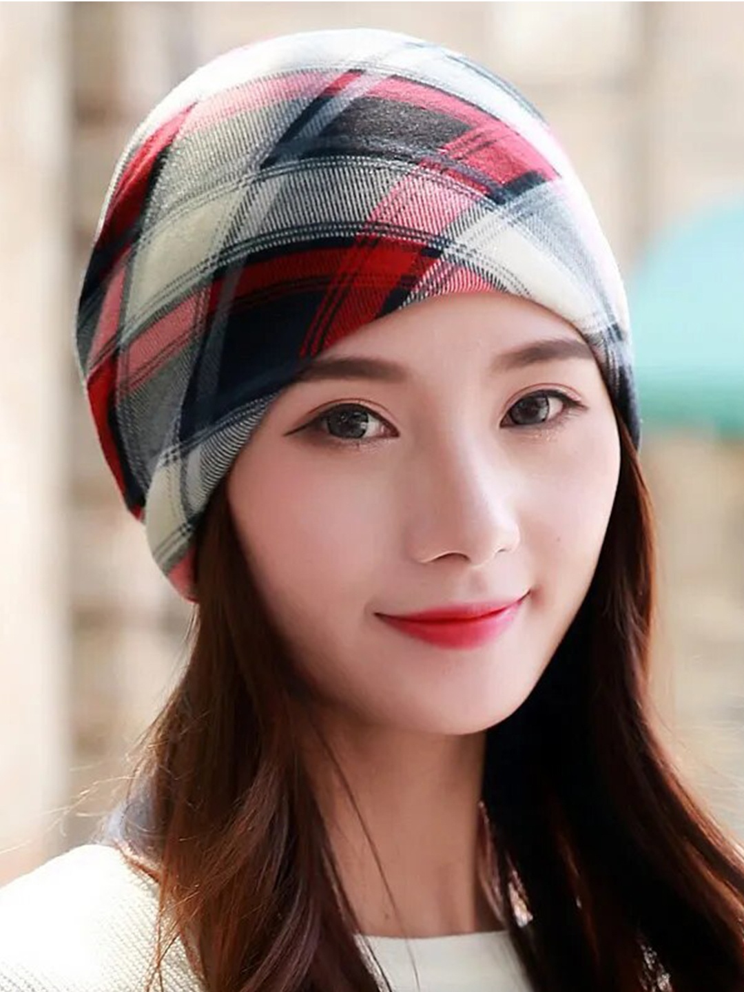 

Alexvyan Checked Cotton Ponytail Beanie, Red