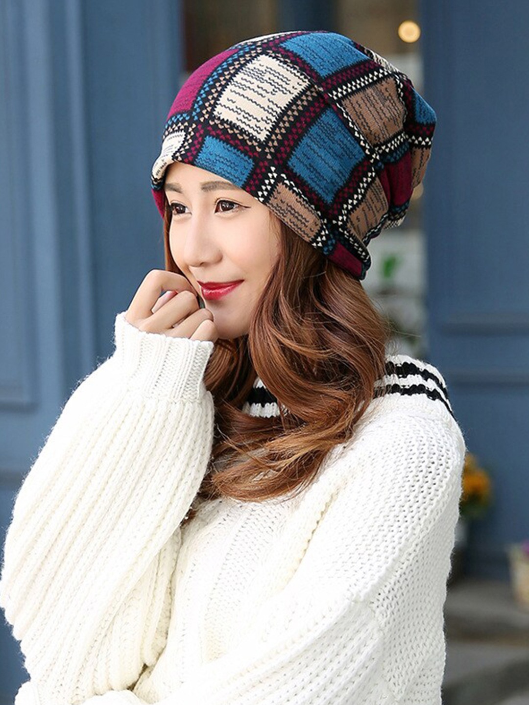 

Alexvyan Colourblocked Cotton Beanie, Blue