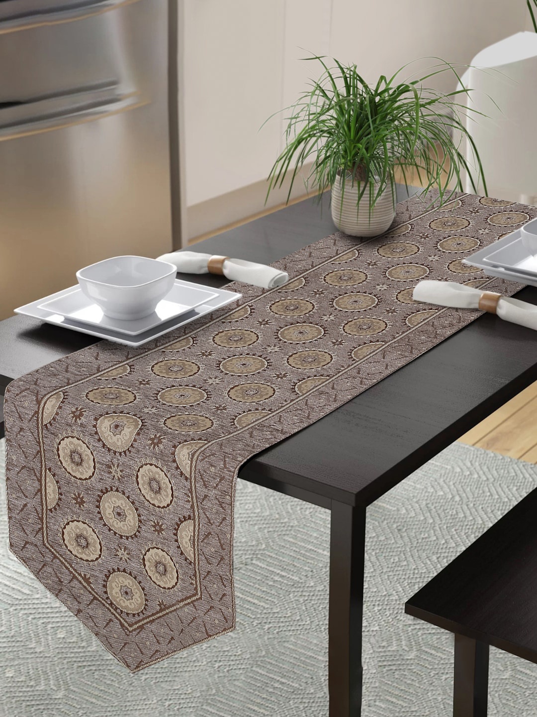 

MULTITEX Brown & Beige Woven Design Hand-Tufted Pure Cotton Runner