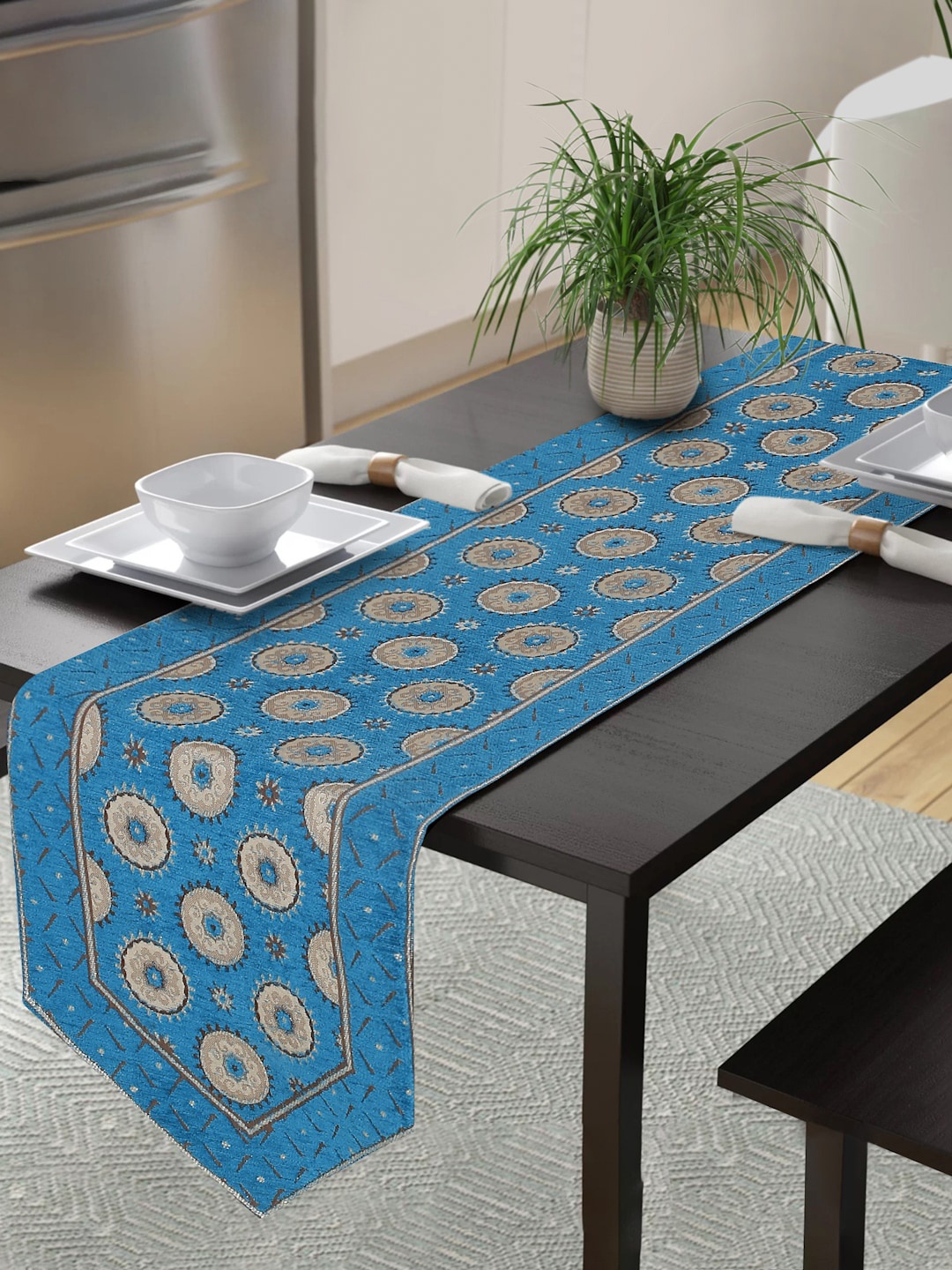 

MULTITEX Blue & Beige Woven-Design Hand-Tufted Pure Cotton Runner