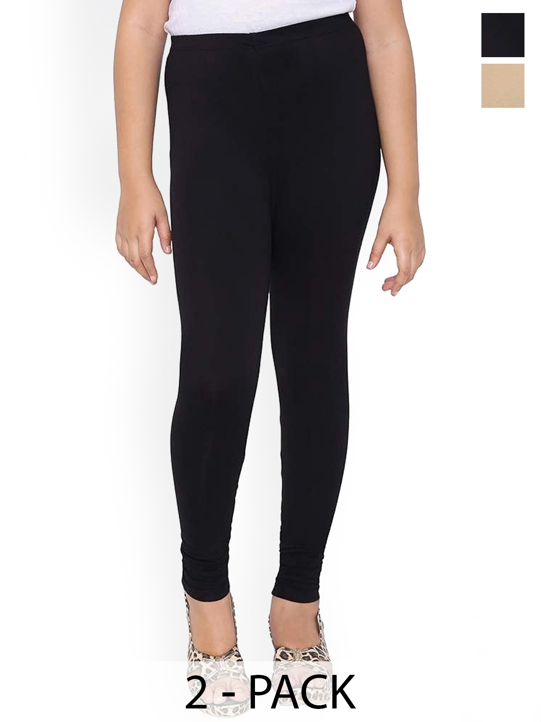 

FRENCH KLEIDER Girls Pack Of 2 Pure Cotton Churidar Length Leggings, Black