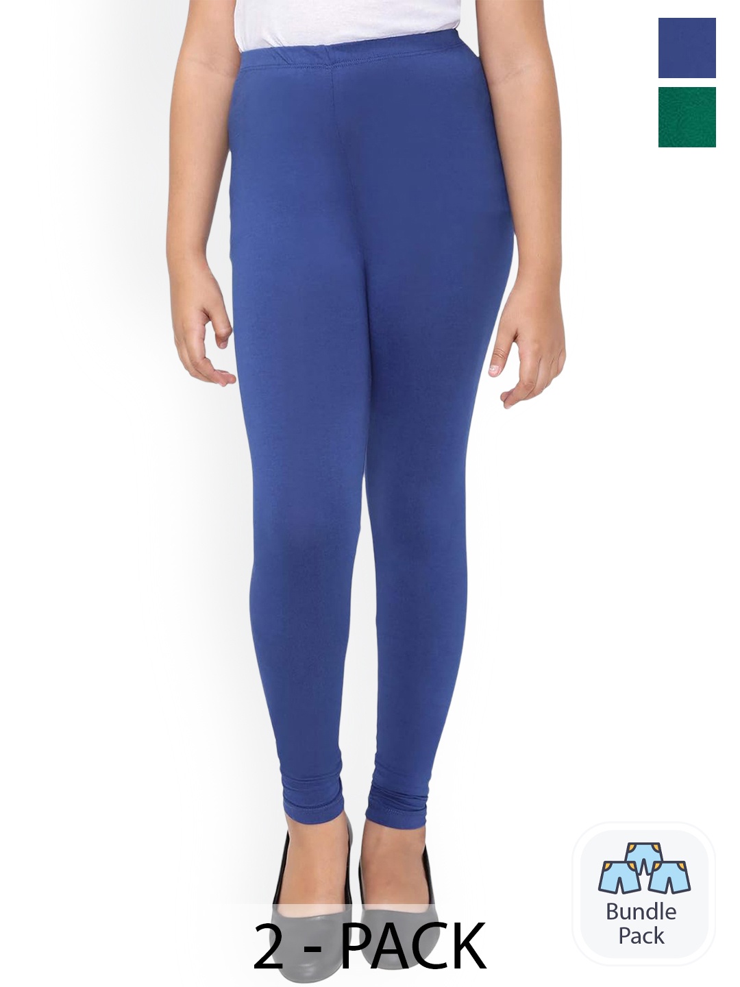 

FRENCH KLEIDER Girls Pack Of 2 Pure Cotton Churidar Length Leggings, Blue