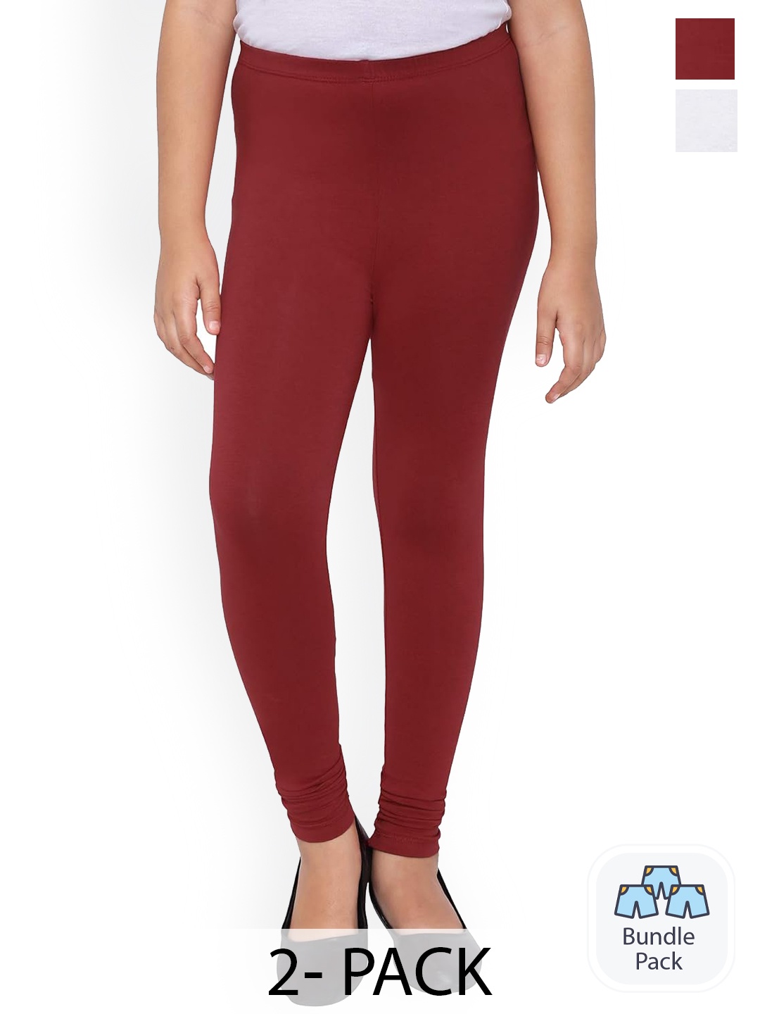 

FRENCH KLEIDER Girls Pack Of 2 Pure Cotton Churidar Length Leggings, Maroon