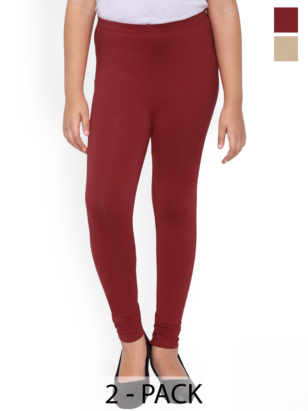 

FRENCH KLEIDER Girls Pack Of 2 Pure Cotton Churidar Length Leggings, Maroon