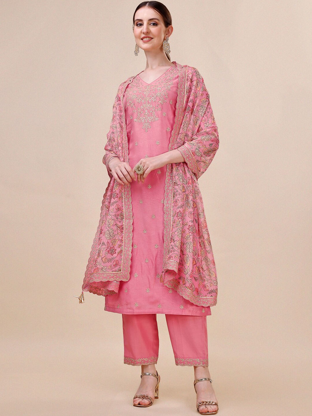 

Seerat Embroidery Silk Straight Kurta With Trousers and Printed Dupatta, Peach