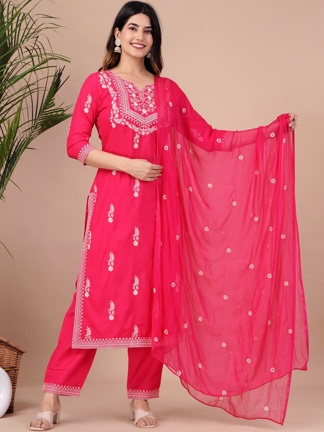 

TOULIN Floral Embroidered Kurta With Palazzos & Dupatta, Pink