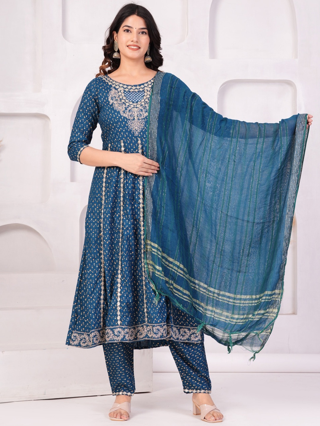 

TOULIN Ethnic Motifs Printed Panelled Thread Work Kurta With Trousers & Dupatta, Blue