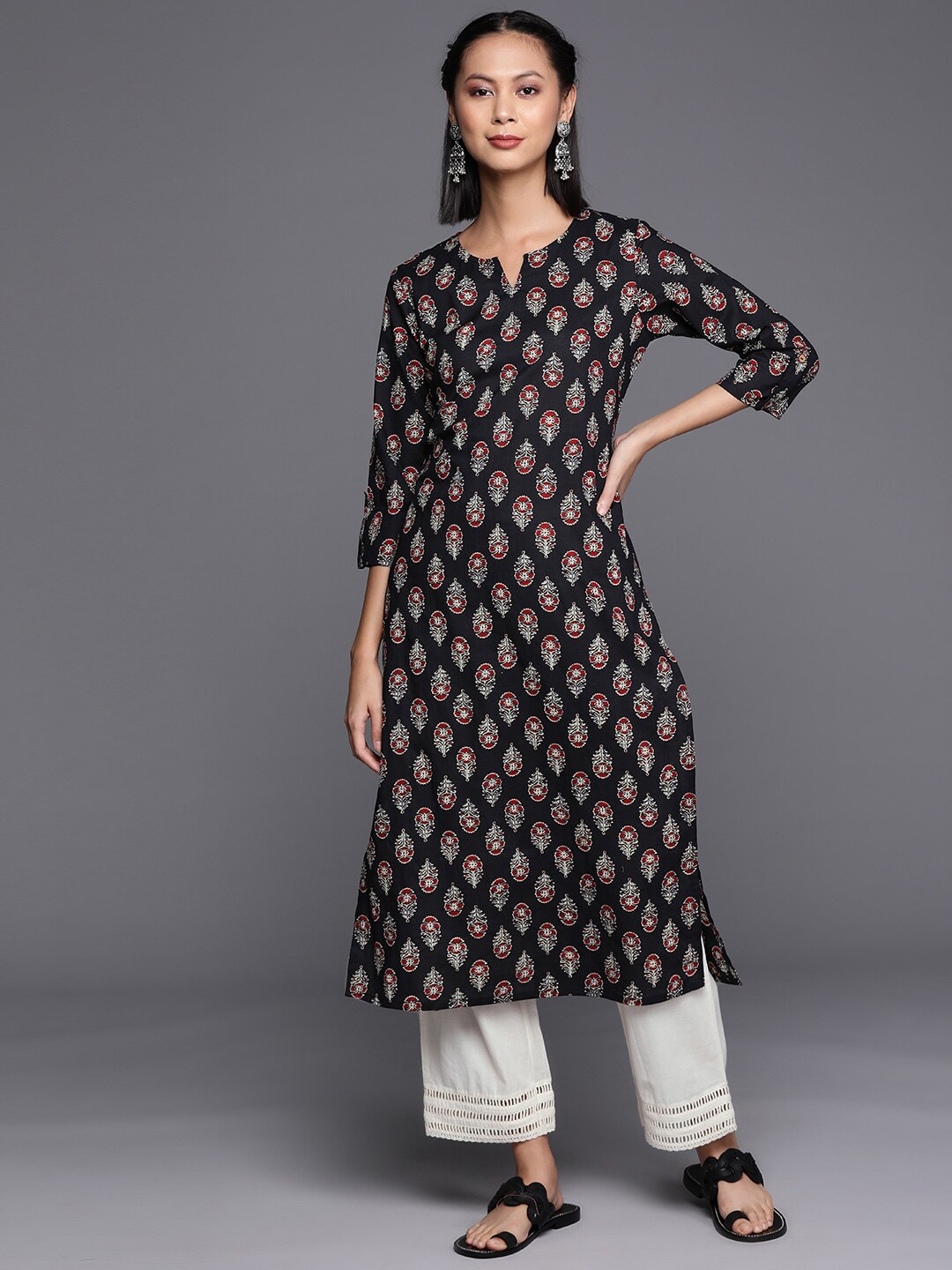 

KALINI Paisley Printed Pure Cotton Straight Kurta, Black