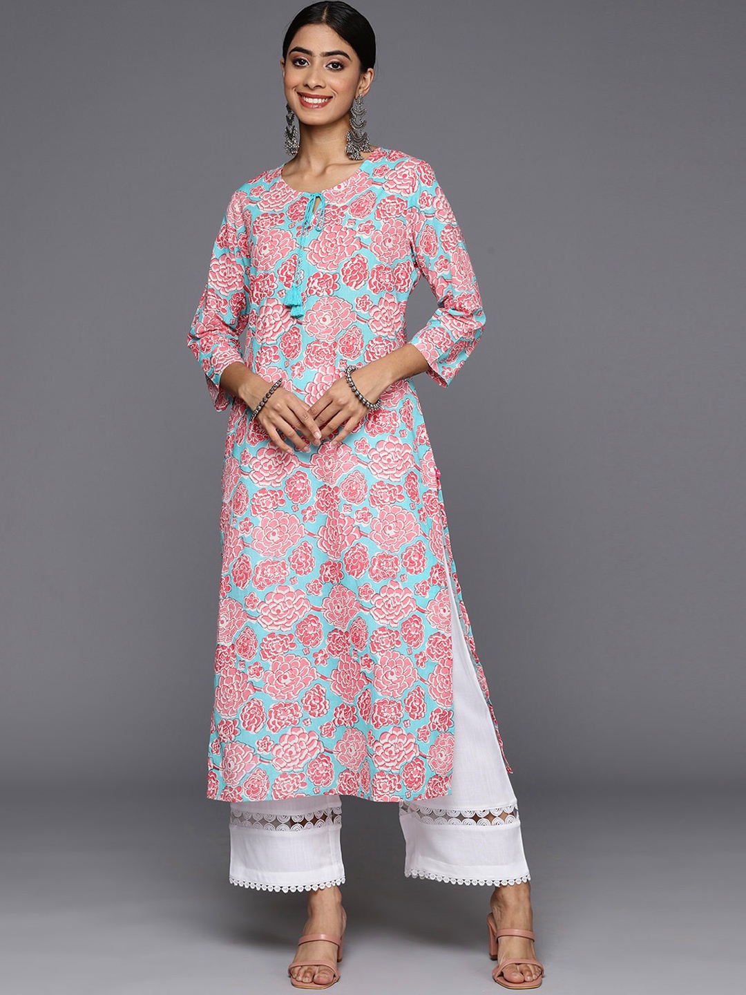 

KALINI Floral Printed Tie Up Neck Cotton A-Line Kurta, Turquoise blue