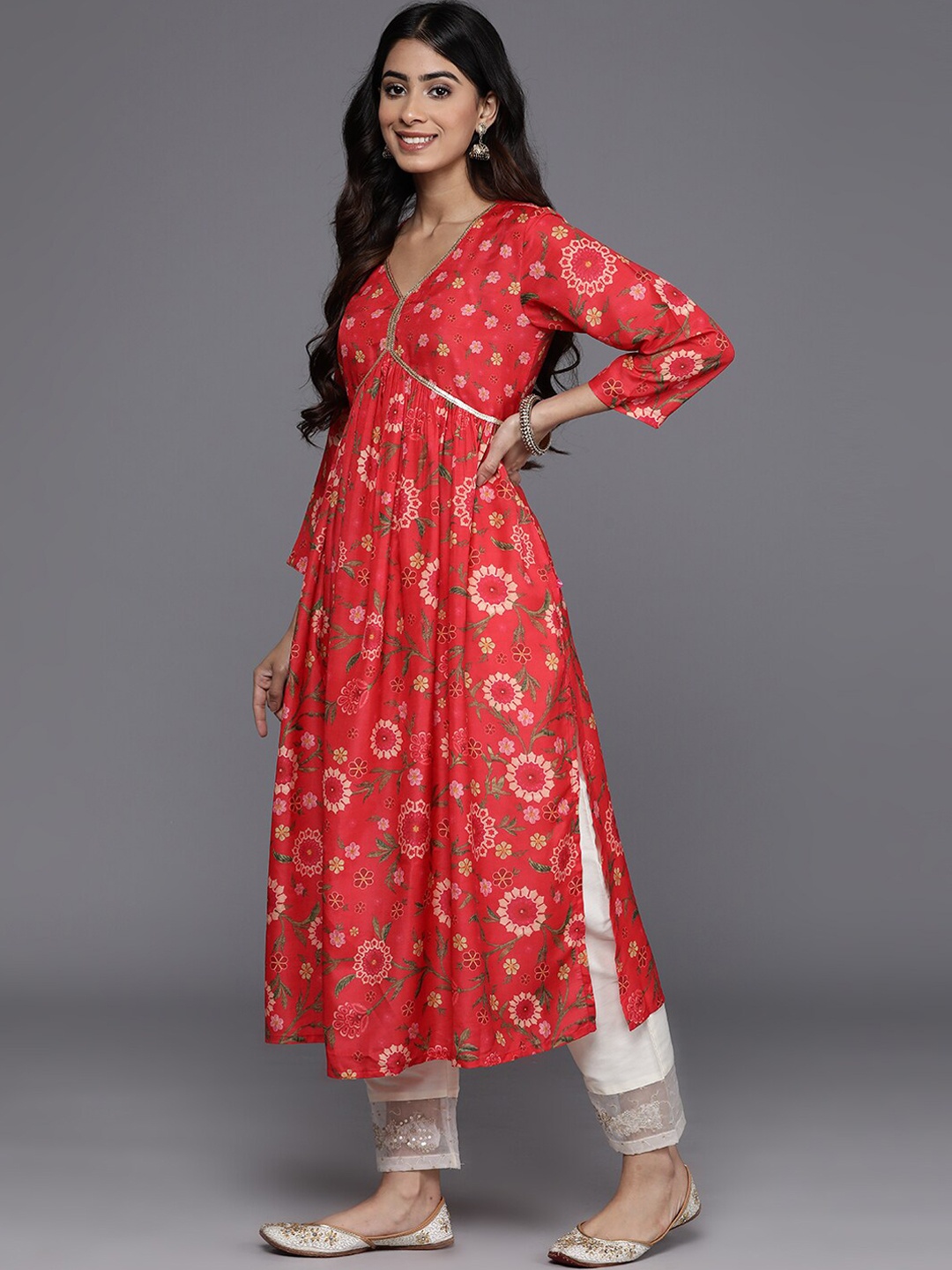 

KALINI Floral Printed Sequinned A-Line Kurta, Red
