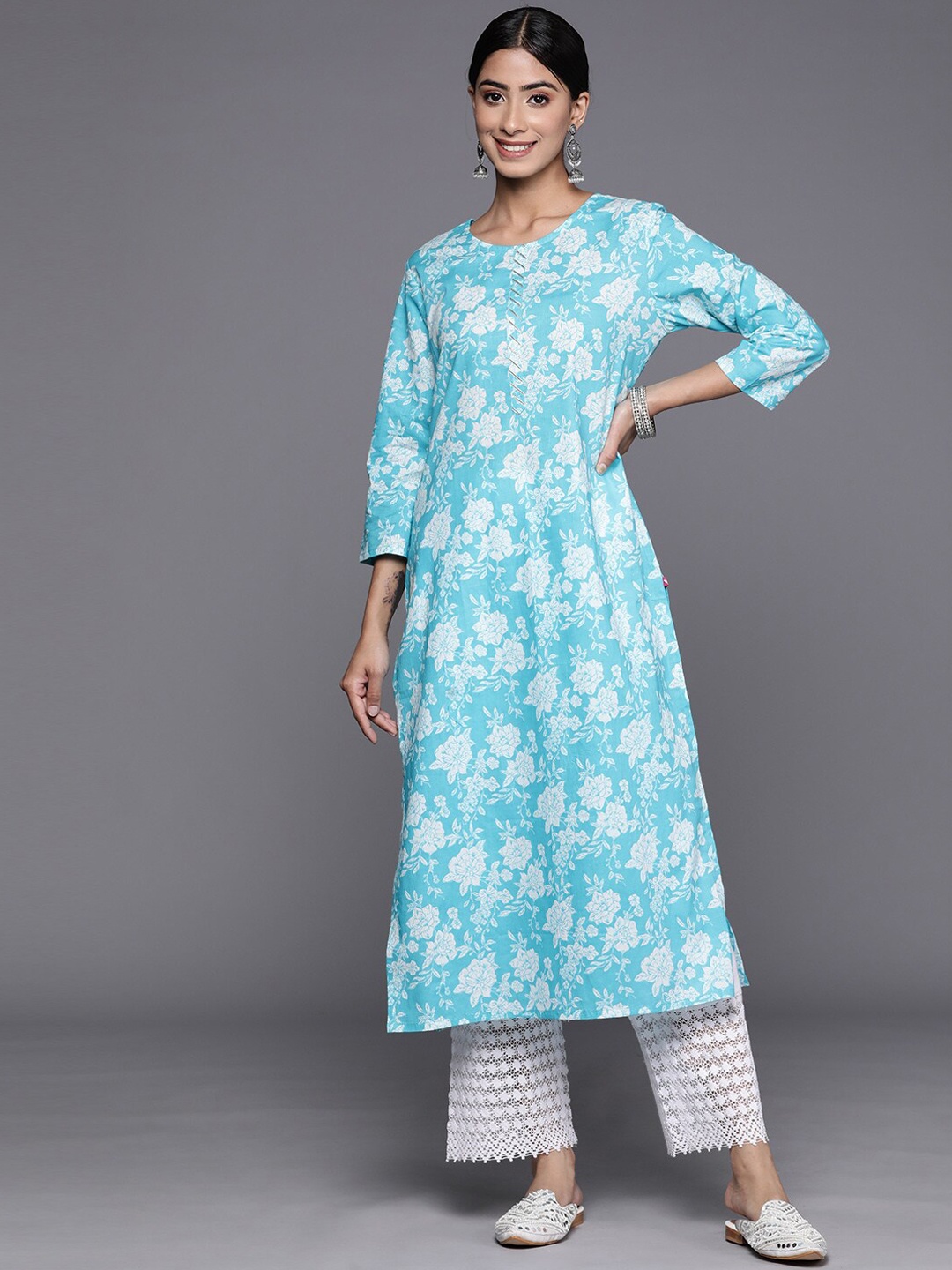 

KALINI Floral Printed Cotton A-Line Kurta, Blue
