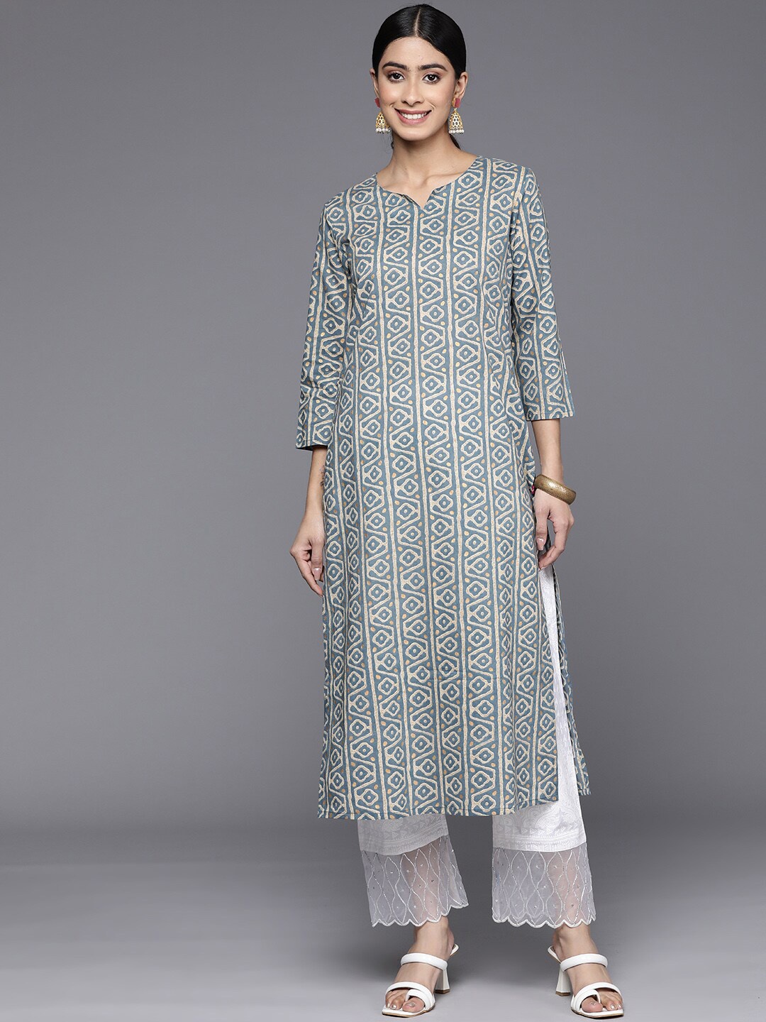 

KALINI Abstract Printed Notched Neck Cotton Straight Kurta, Blue