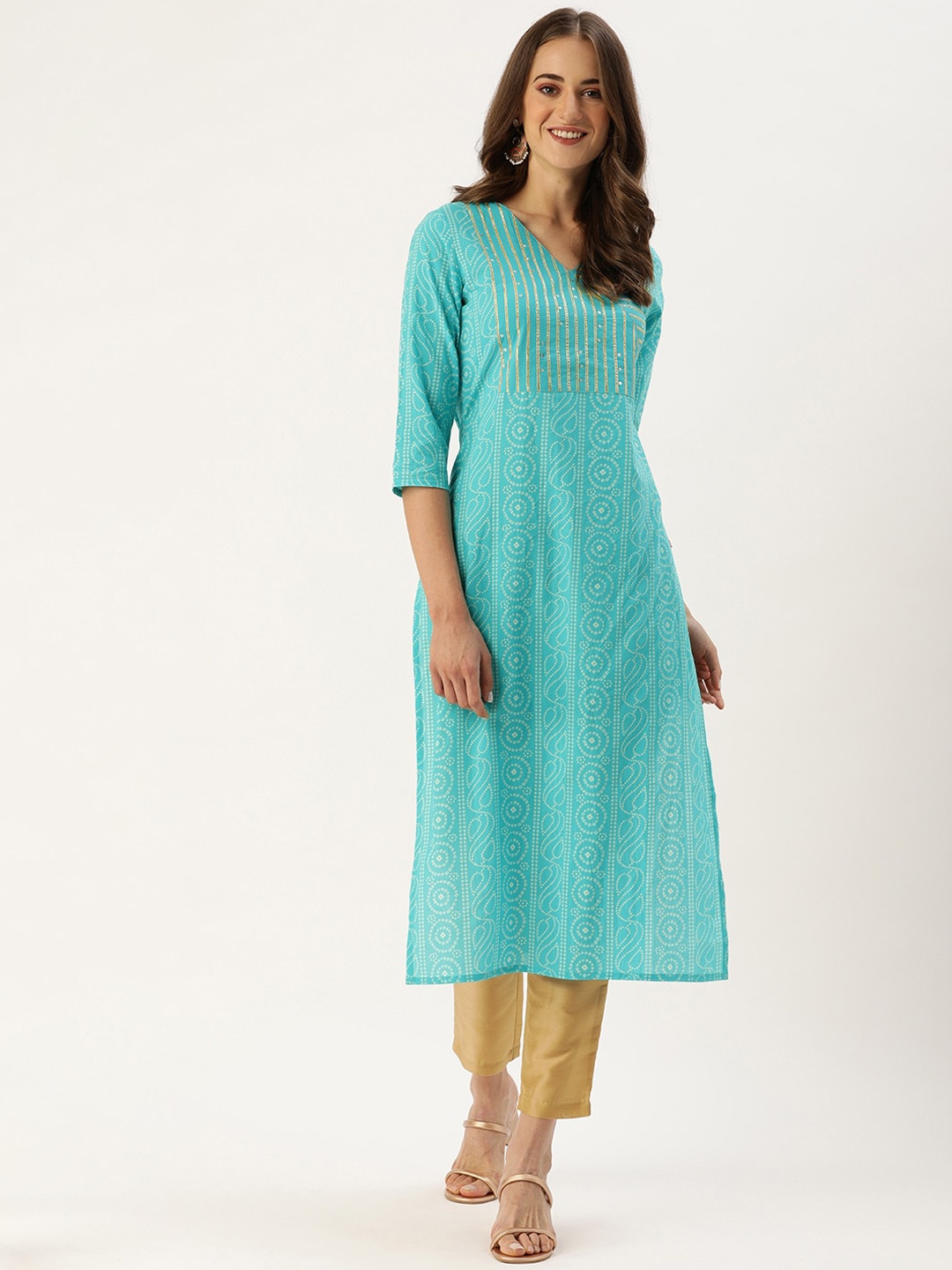 

KALINI Bandhani Printed Gotta Patti Cotton Straight Kurta, Turquoise blue