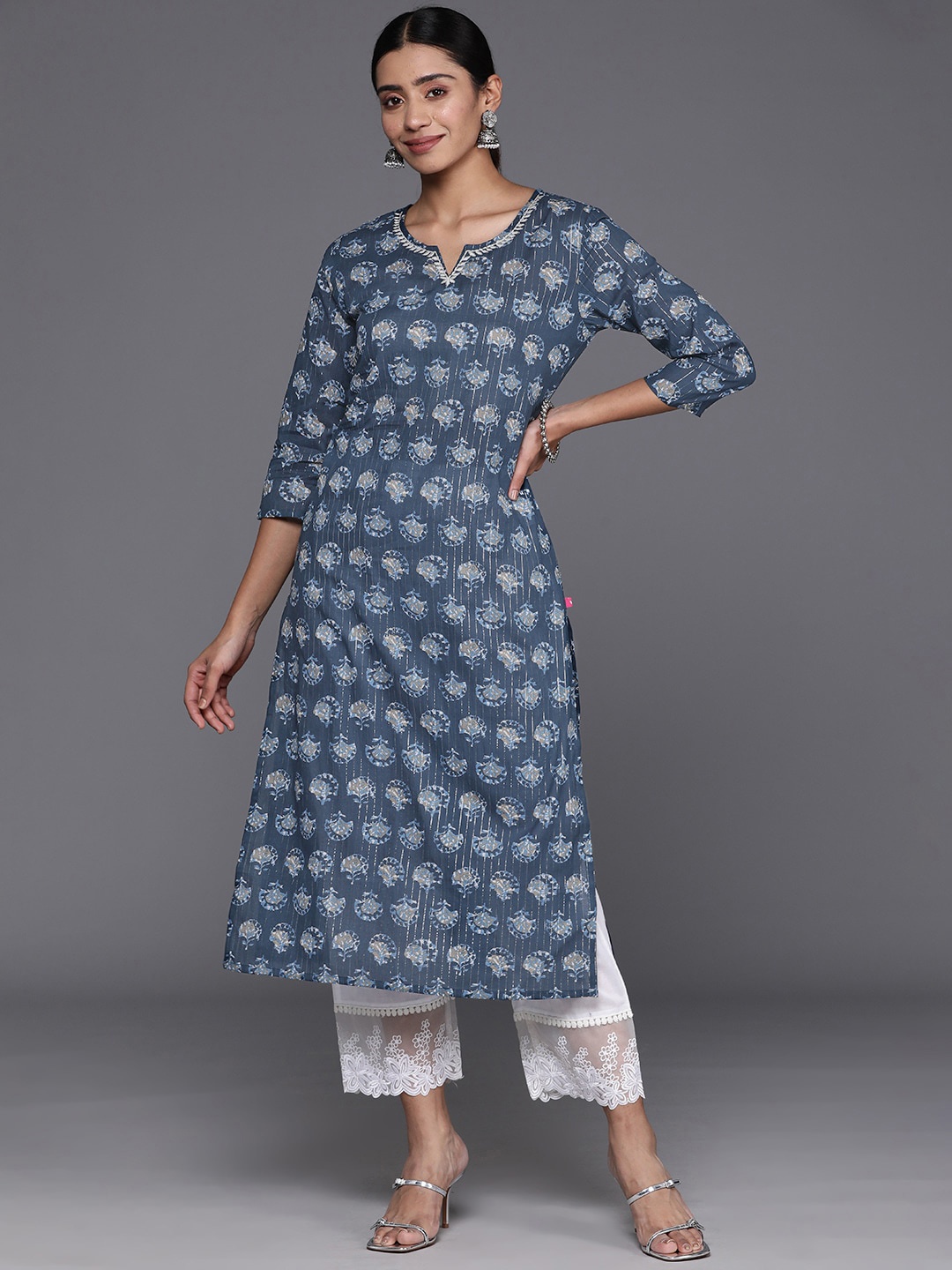 

KALINI Ethnic Motifs Printed Pure Cotton Straight Kurta, Blue