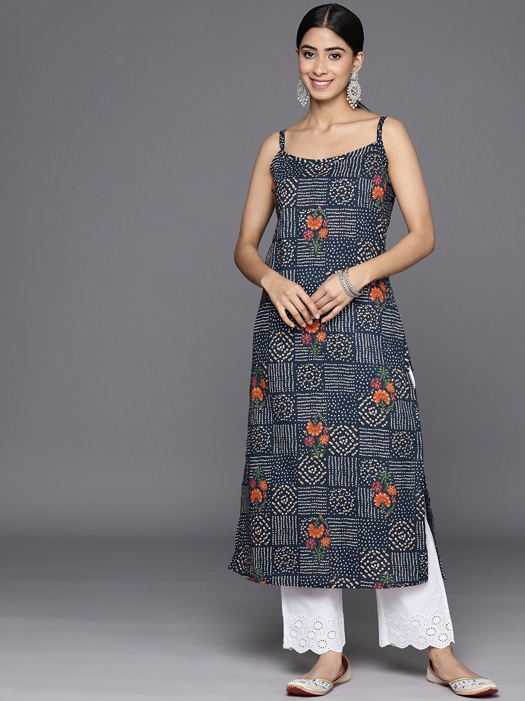 KALINI Geometric Printed Shoulder Strap Pure Cotton Straight Kurta, Navy blue