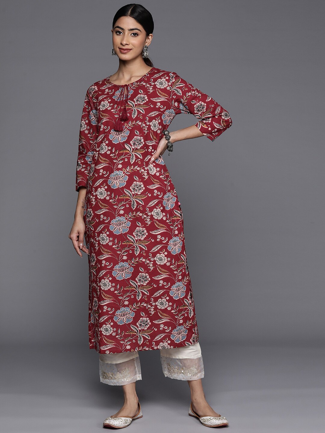 

KALINI Floral Printed Tie Up Neck Straight Cotton Kurta, Maroon
