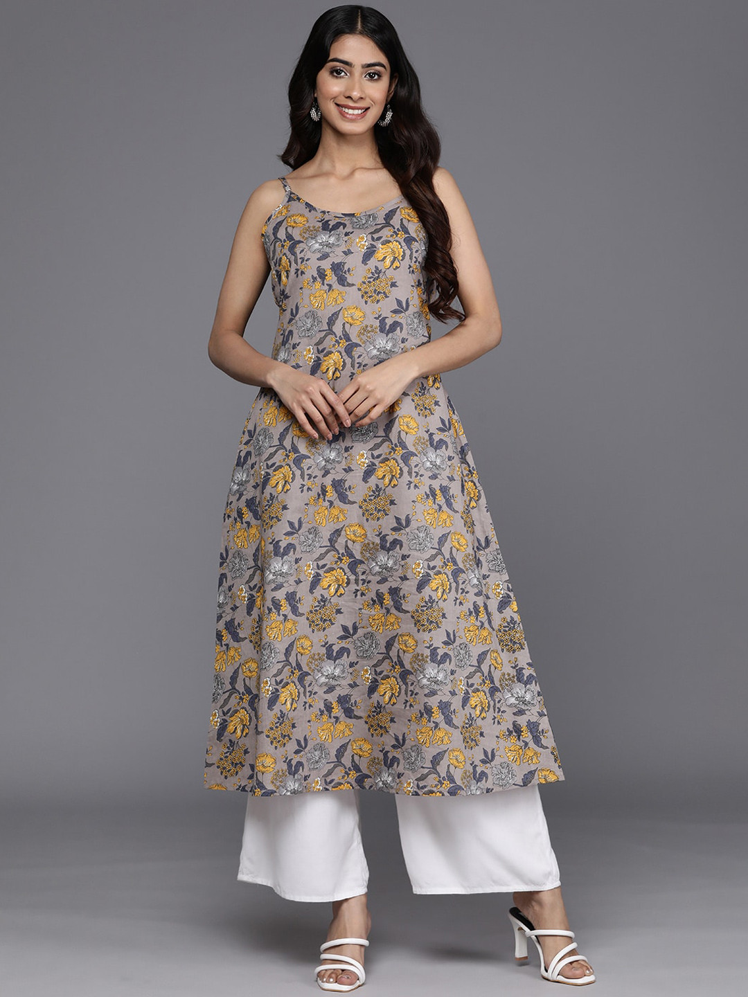 

KALINI Floral Printed Pure Cotton A-Line Kurta, Grey