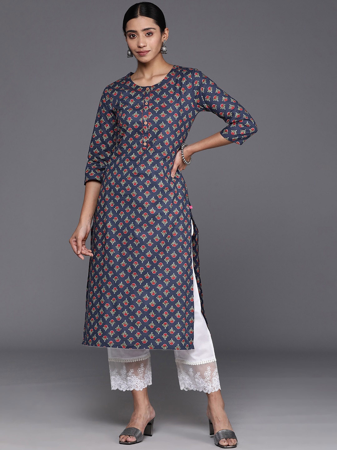 

KALINI Ethnic Motifs Printed Pure Cotton Straight Kurta, Navy blue