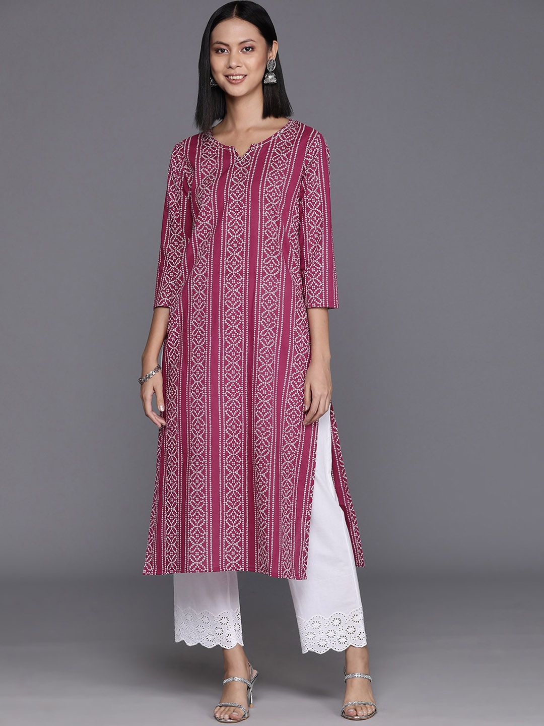 

KALINI Bandhani Printed Notched Neck Cotton Straight Kurta, Burgundy