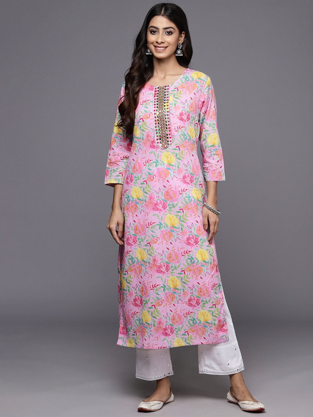 

KALINI Floral Printed Thread Work Cotton Straight Kurta, Pink