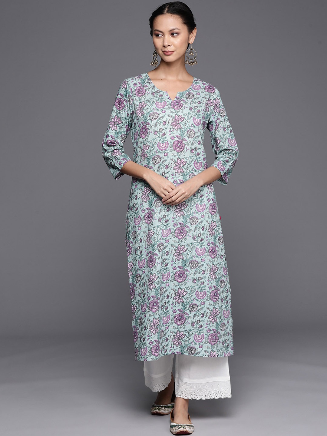 

KALINI Floral Printed Pure Cotton Straight Kurta, Blue