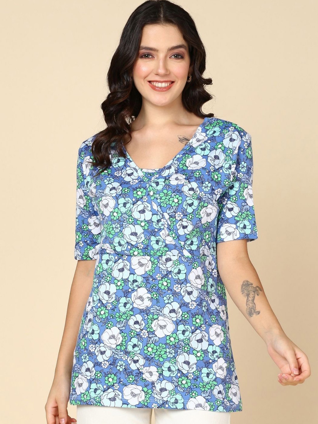 

House Of Zelena Floral Printed V-Neck Cotton Maternity Top, Blue