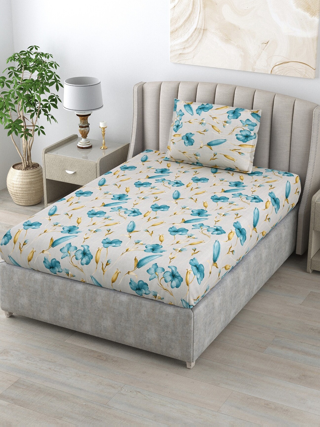 

Salona Bichona Off White & Blue Floral 120 TC Single Bedsheet with 1 Pillow Cover