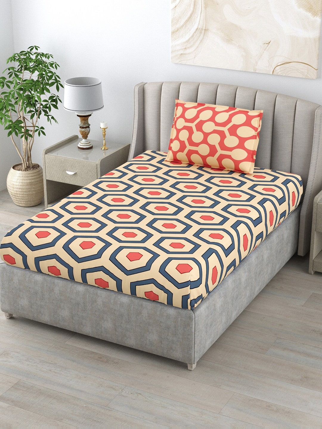 

Salona Bichona Beige & Blue Geometric 120 TC Single Bedsheet with 1 Pillow Cover