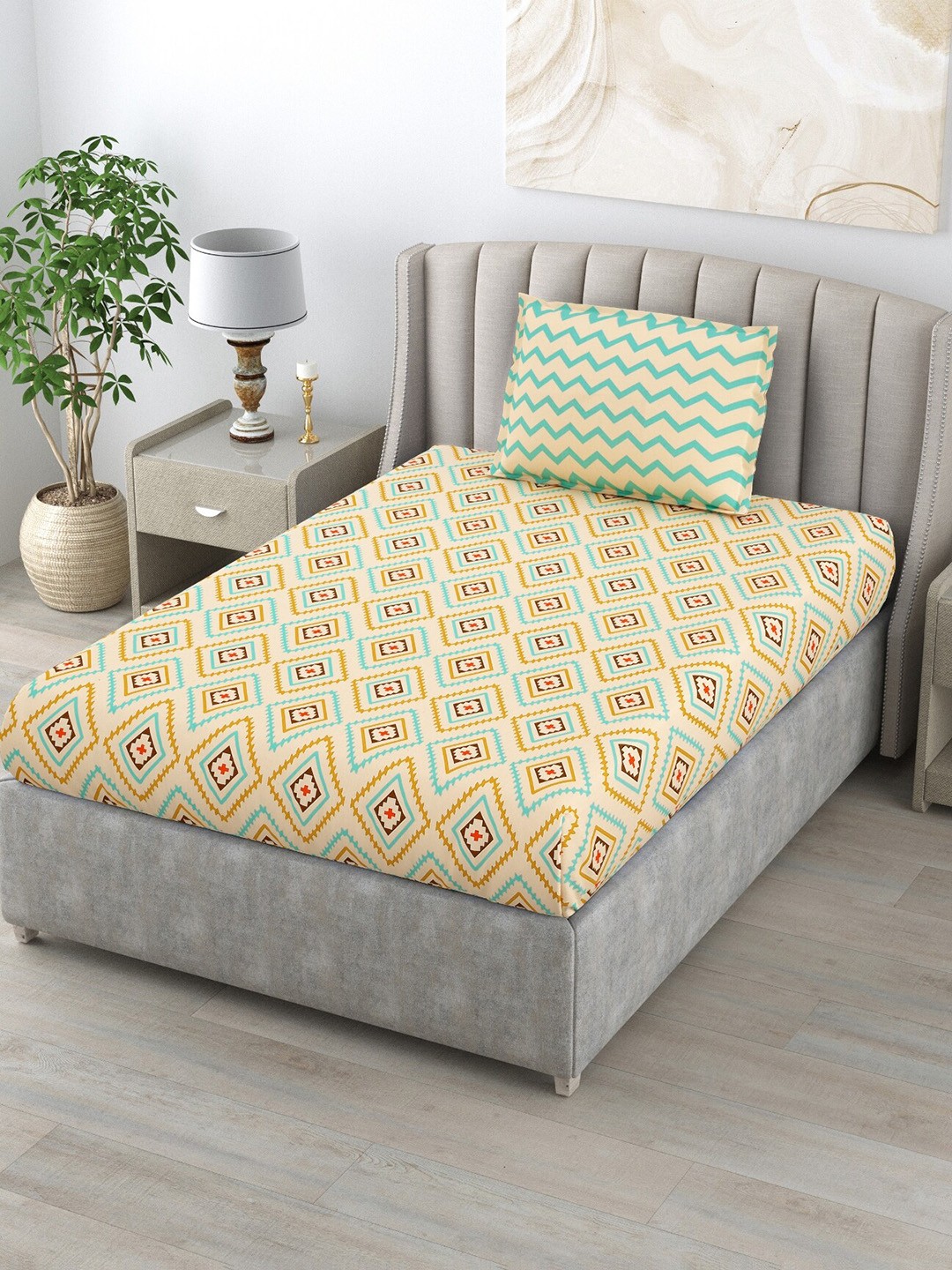 

Salona Bichona Green & Blue Geometric 120 TC Single Bedsheet with 1 Pillow Cover
