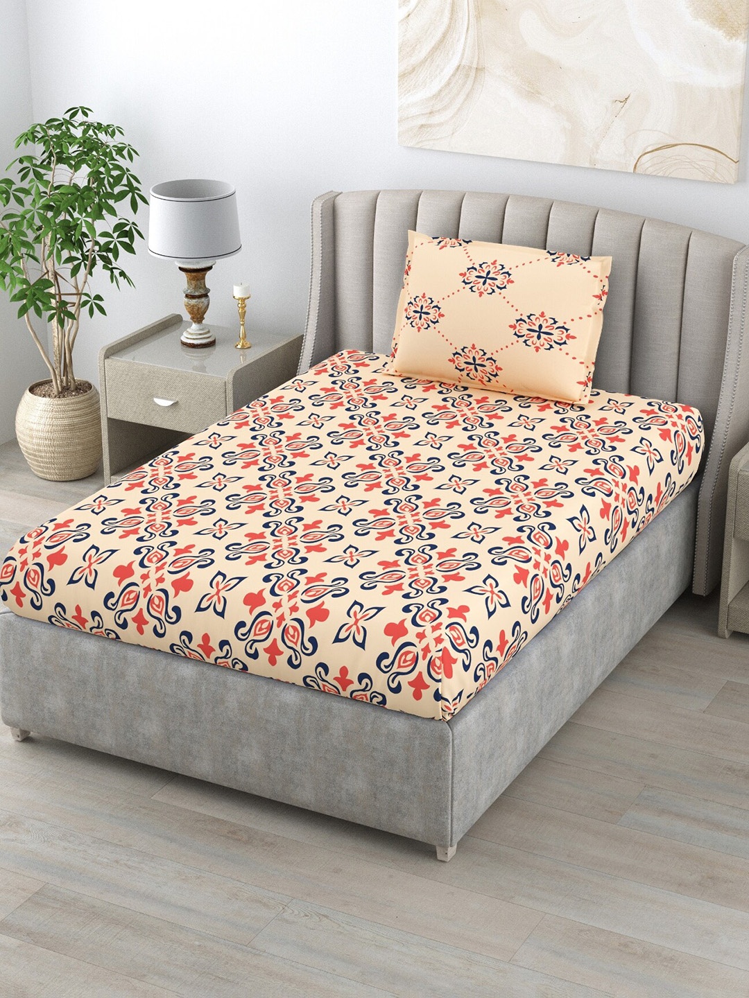 

Salona Bichona Cream & Red Ethnic Motifs 120 TC Single Bedsheet with 1 Pillow Cover