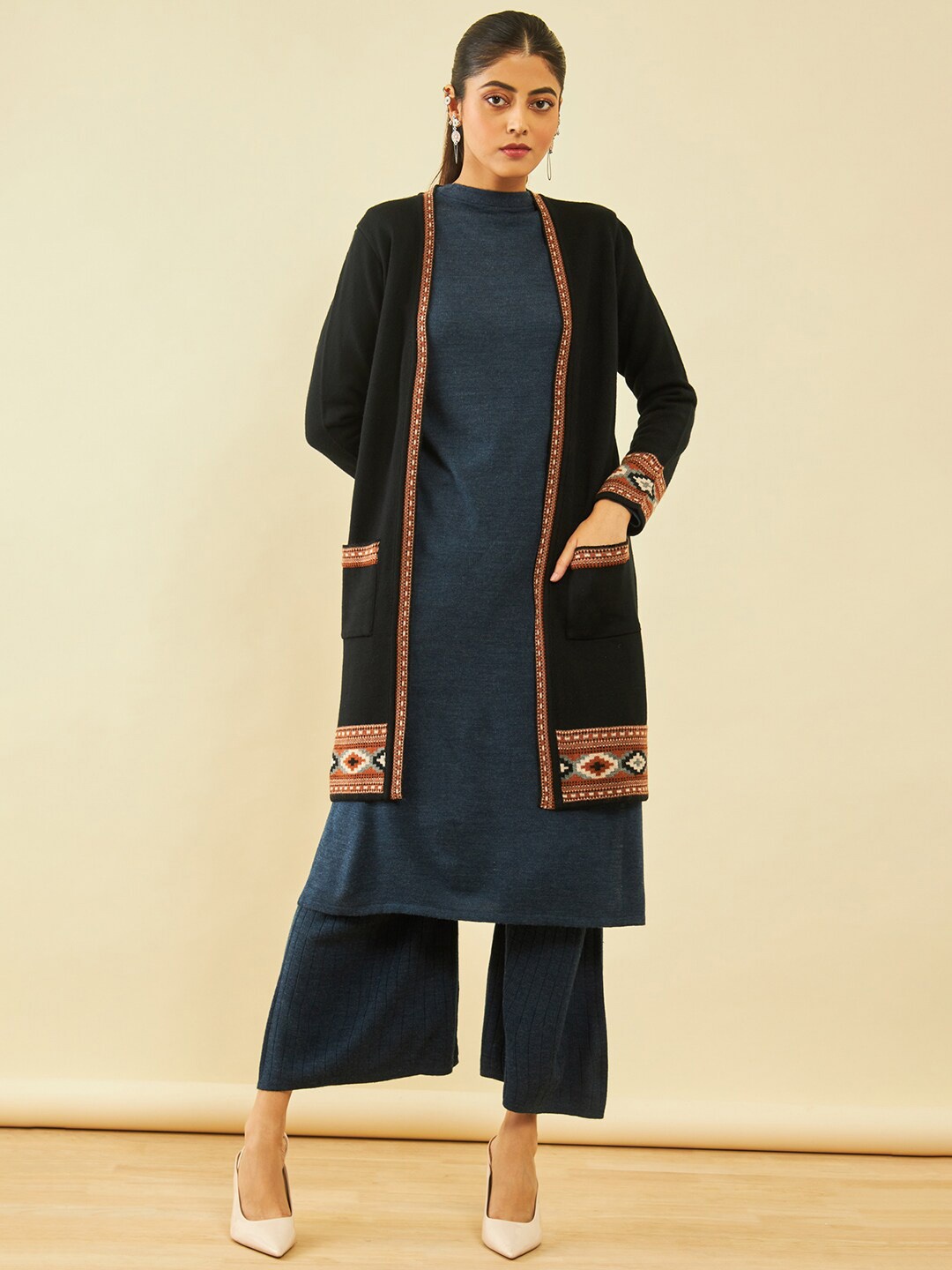 

Soch Acrylic Open Front Longline Shrug, Black