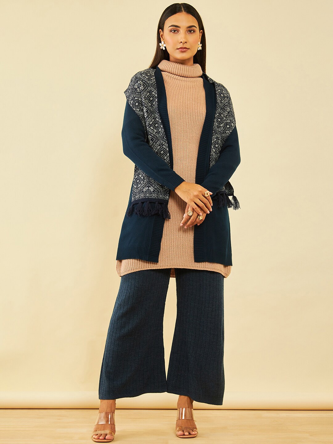 

Soch Acrylic Longline Shrug With Muffler, Navy blue