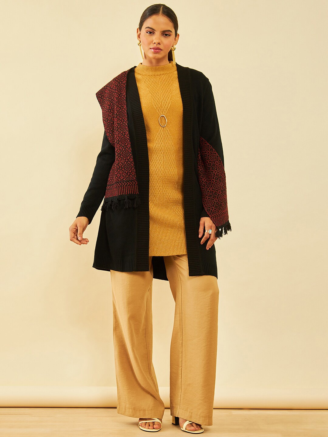 

Soch Black Acrylic Cardigan With Muffler