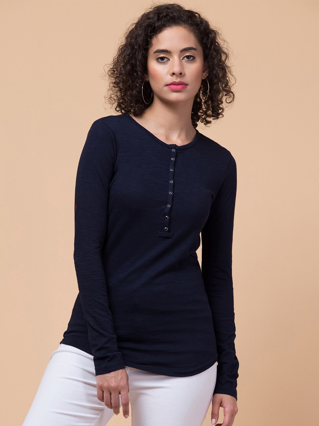 

Hive91 Henley Neck Relaxed Fit Cotton T-shirt, Navy blue