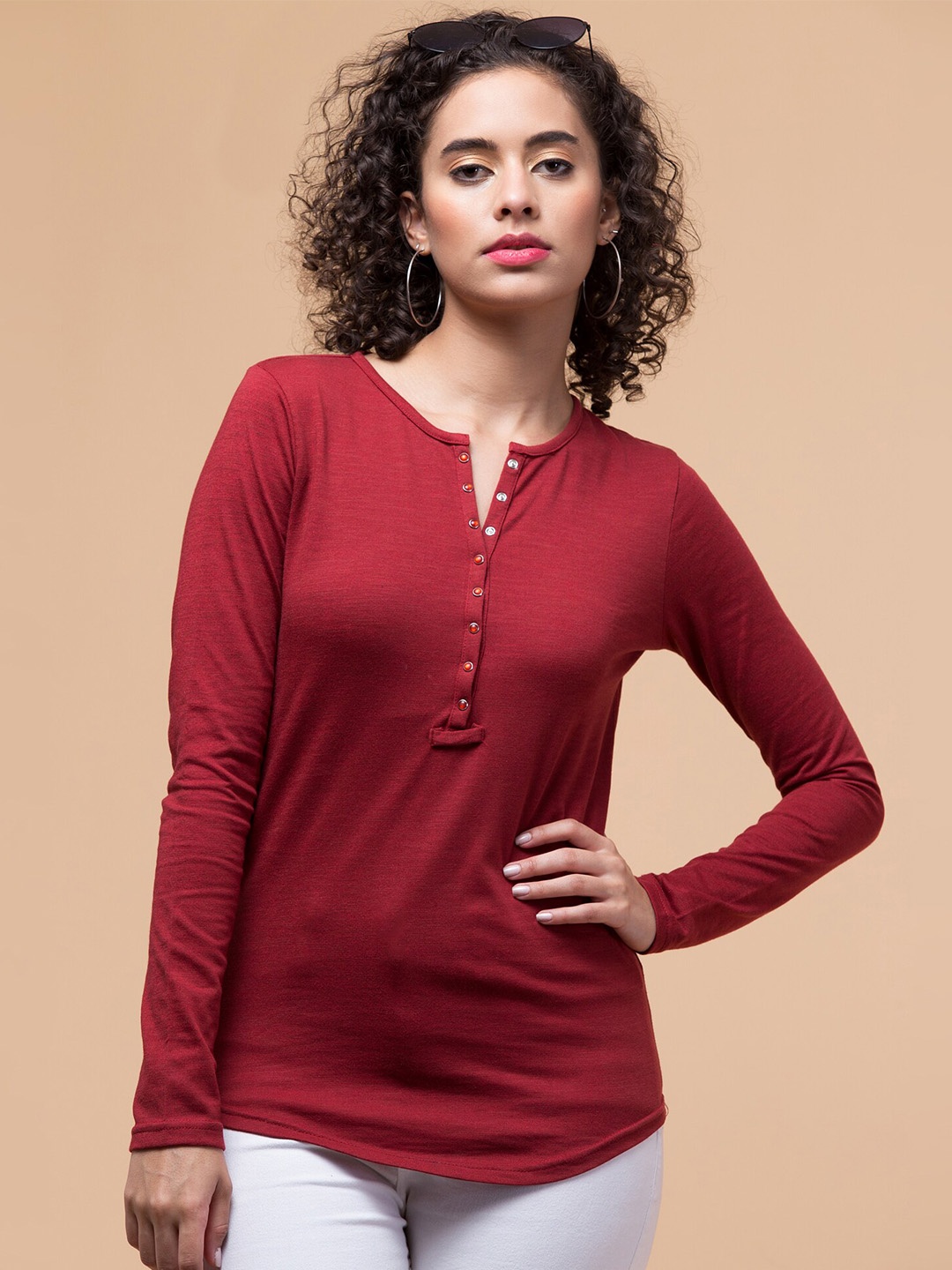 

Hive91 Henley Neck Relaxed Fit Cotton T-shirt, Maroon