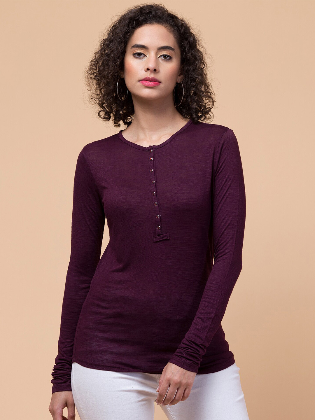 

Hive91 Henley Neck Relaxed Fit Cotton T-shirt, Purple