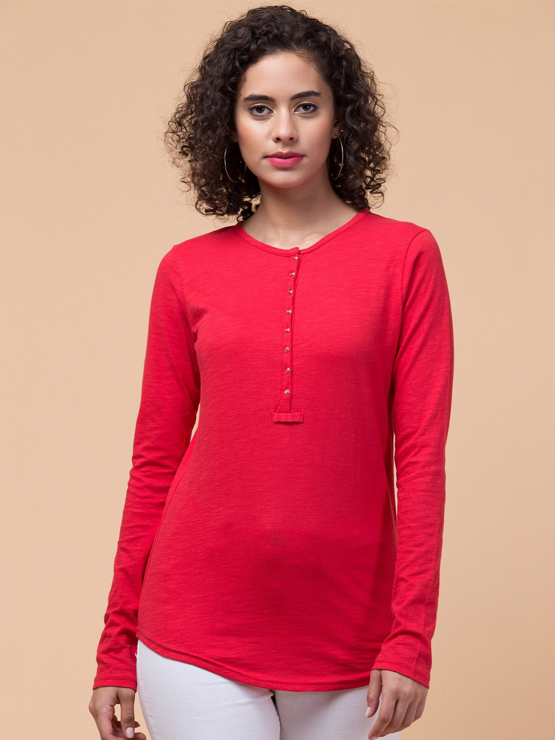 

Hive91 Henley Neck Relaxed Fit Cotton T-shirt, Red