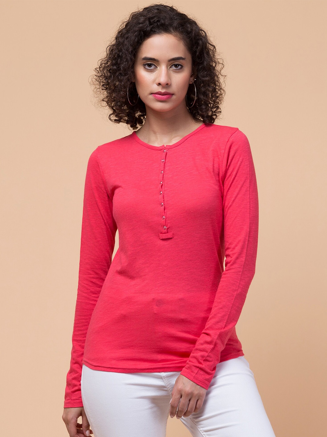 

Hive91 Henley Neck Relaxed Fit Cotton T-shirt, Pink